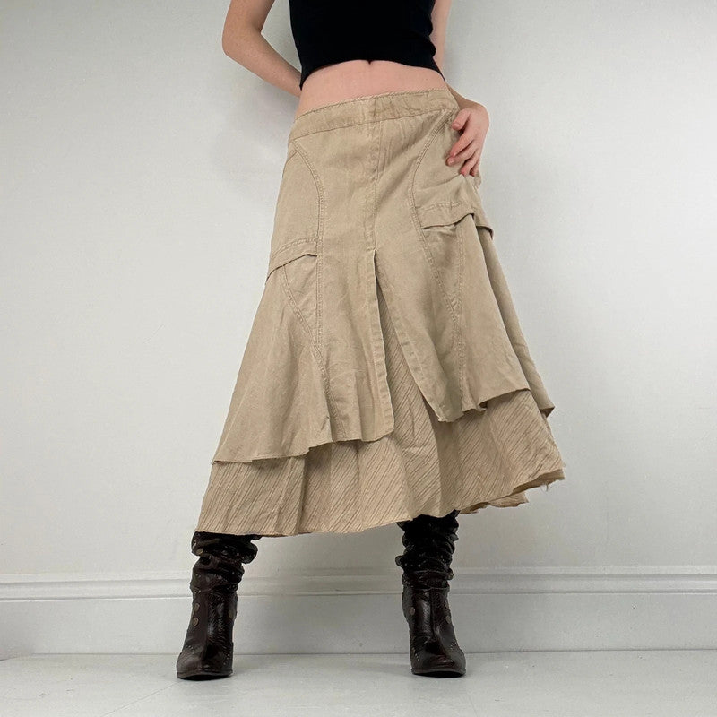 tan linen layered pinstripe midi skirt
