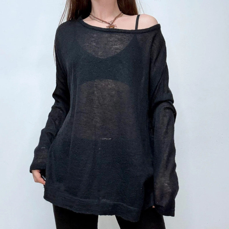 sheer wide neck black mohair jumper