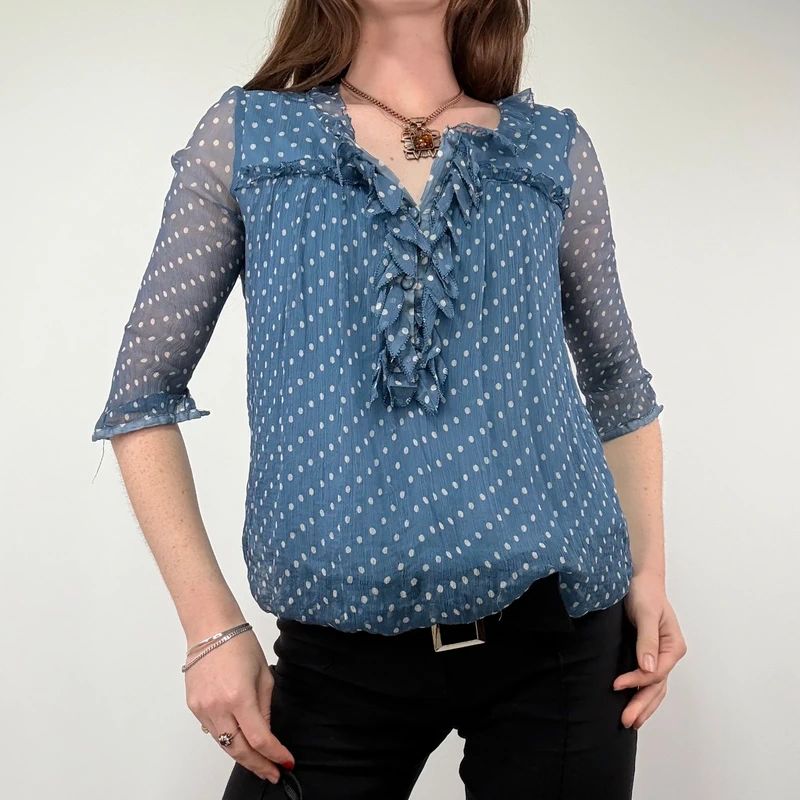 Blue Polka Dot Sheer Silk flutter Blouse