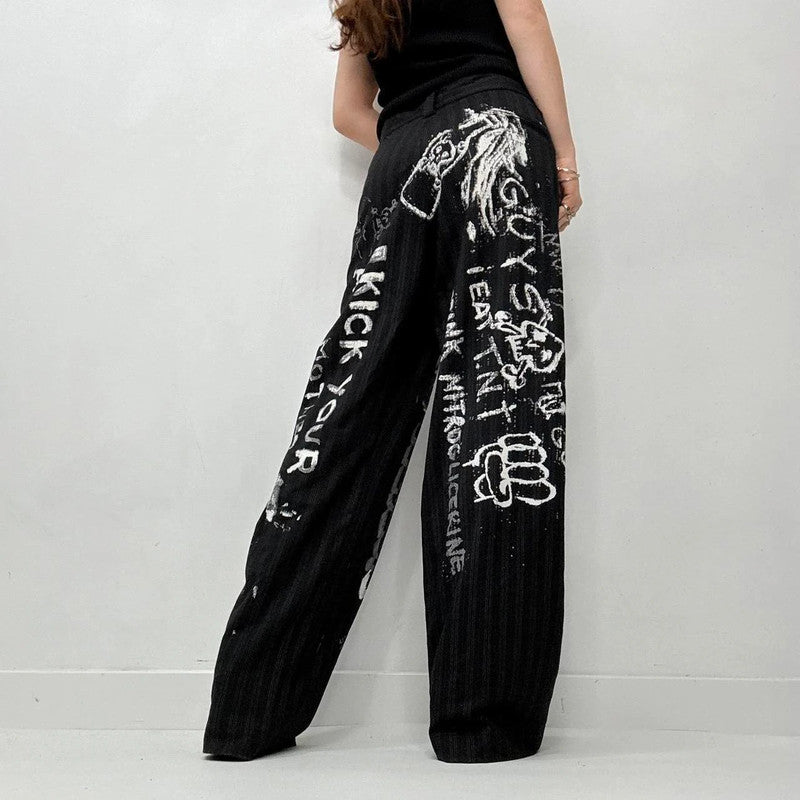 black pinstripe graphic text trousers