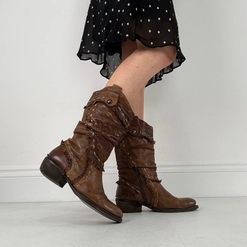 Brown leather slouchy western boots