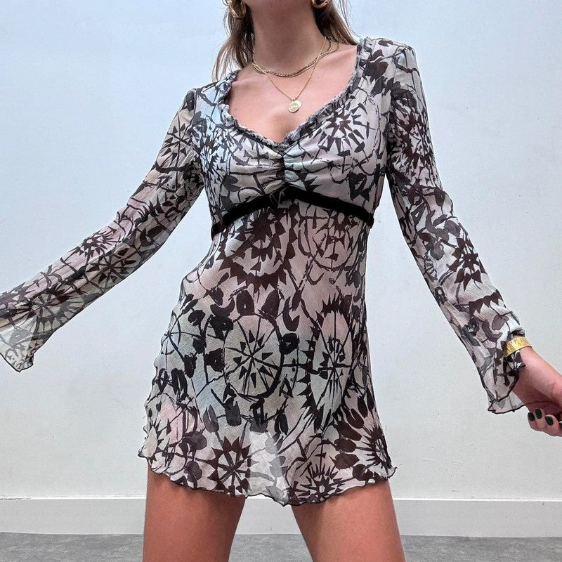 Silk sheer patterned long sleeve mini dress