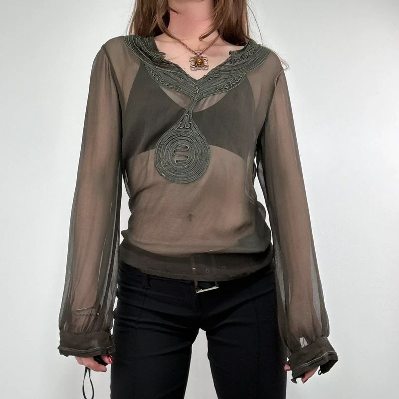Antik Batik khaki sheer silk blouse