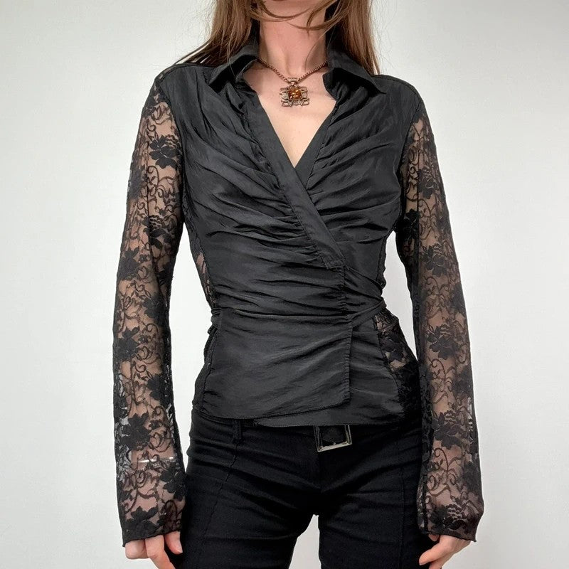 gathered lace wrap around shirt