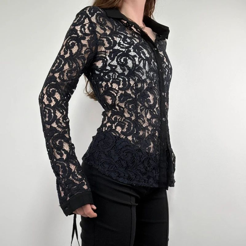 sheer navy lace fitted shirt