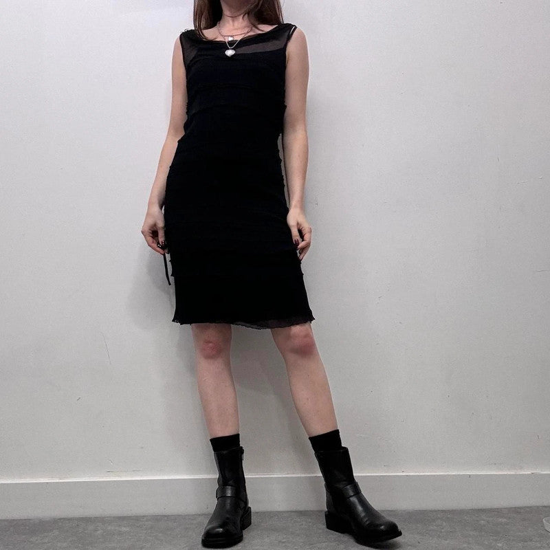 sheer ruffle black silk dress