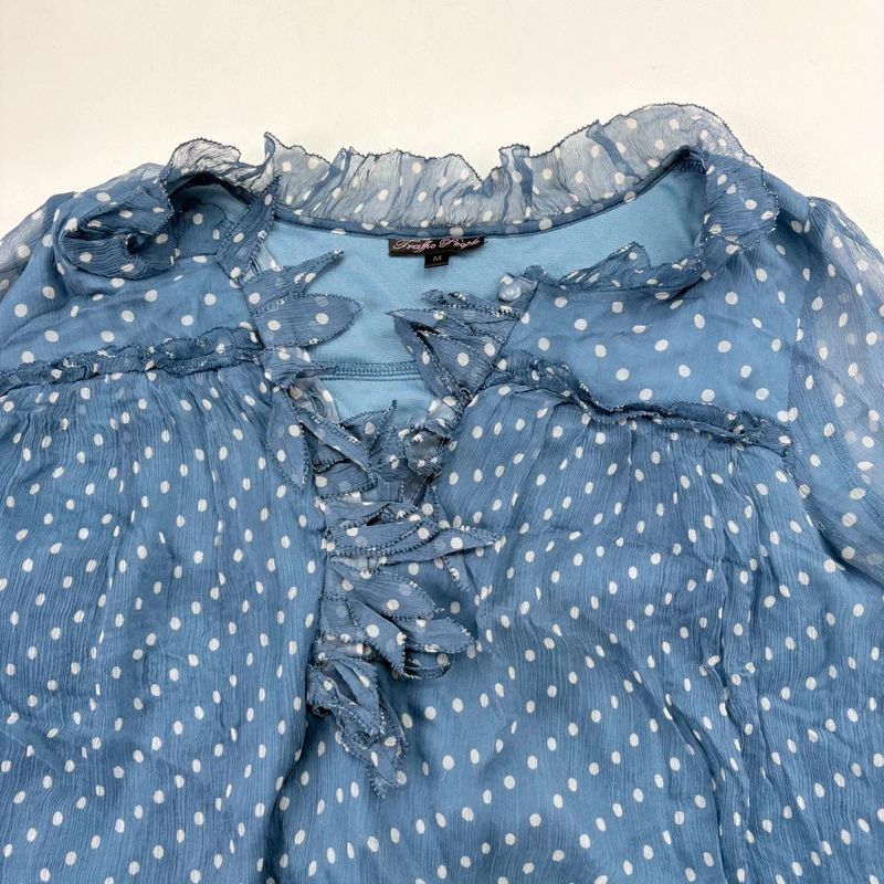 Blue Polka Dot Sheer Silk flutter Blouse