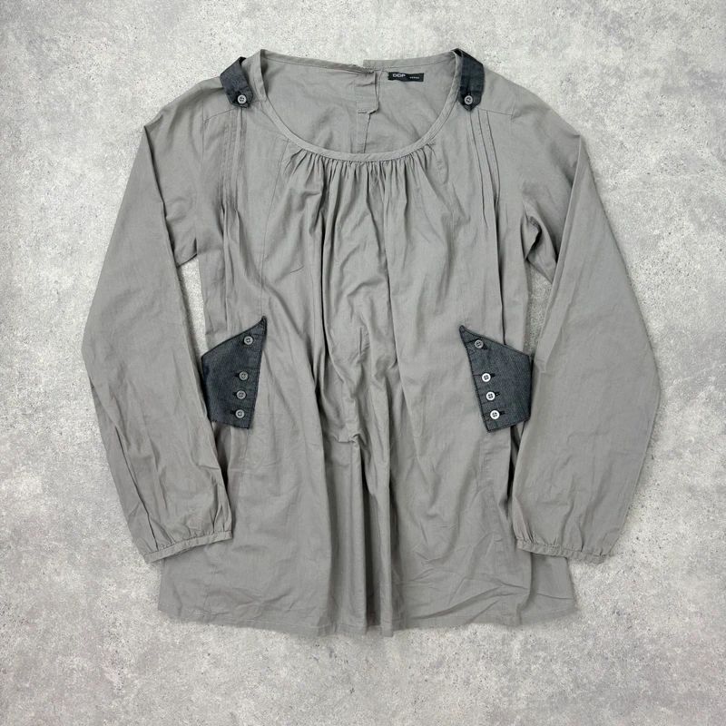 utility khaki pleated blouse with harness braces