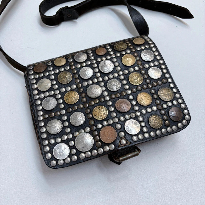 black leather studded coin bag