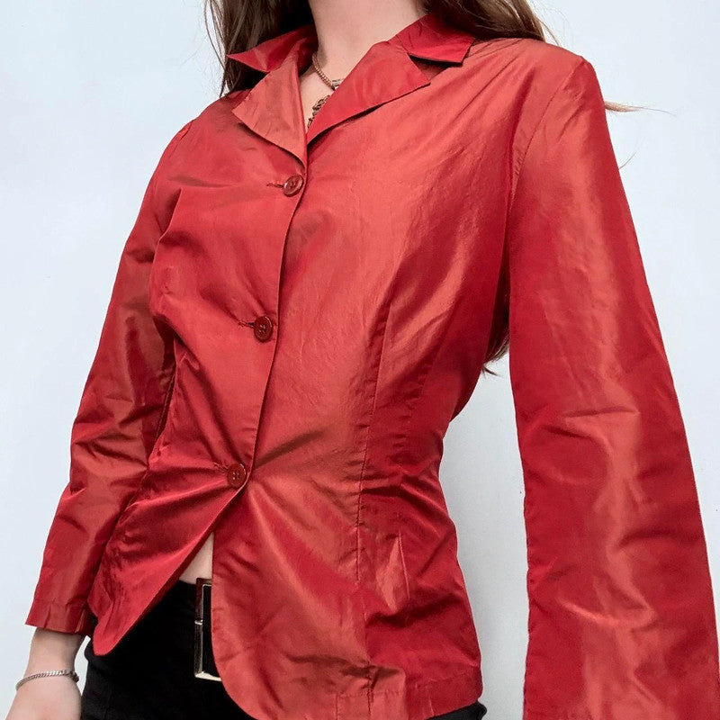 red flared silk shirt