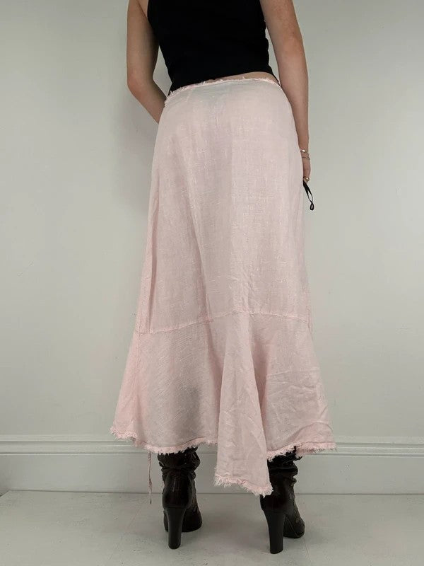 Pink linen flared asymmetric midi skirt