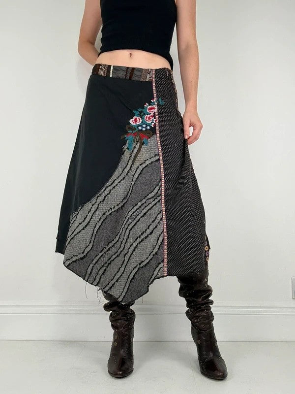 Patchwork embroidered asymmetric skirt