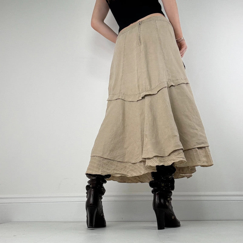 tan linen layered pinstripe midi skirt
