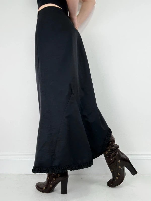 asymmetric black pleated gathered ribbon maxi skirt