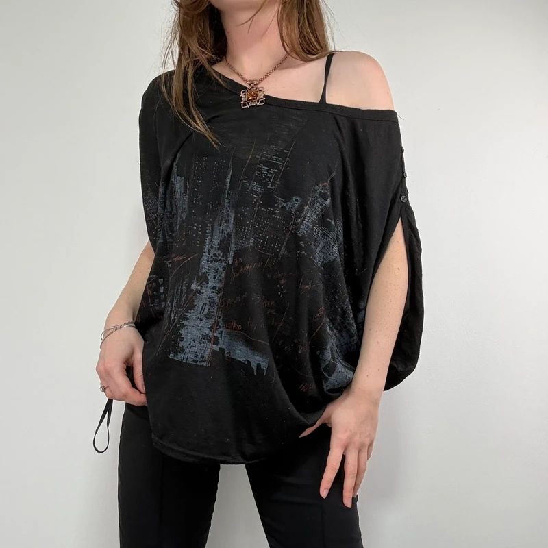 black graphic slouchy off the shoulder t-shirt