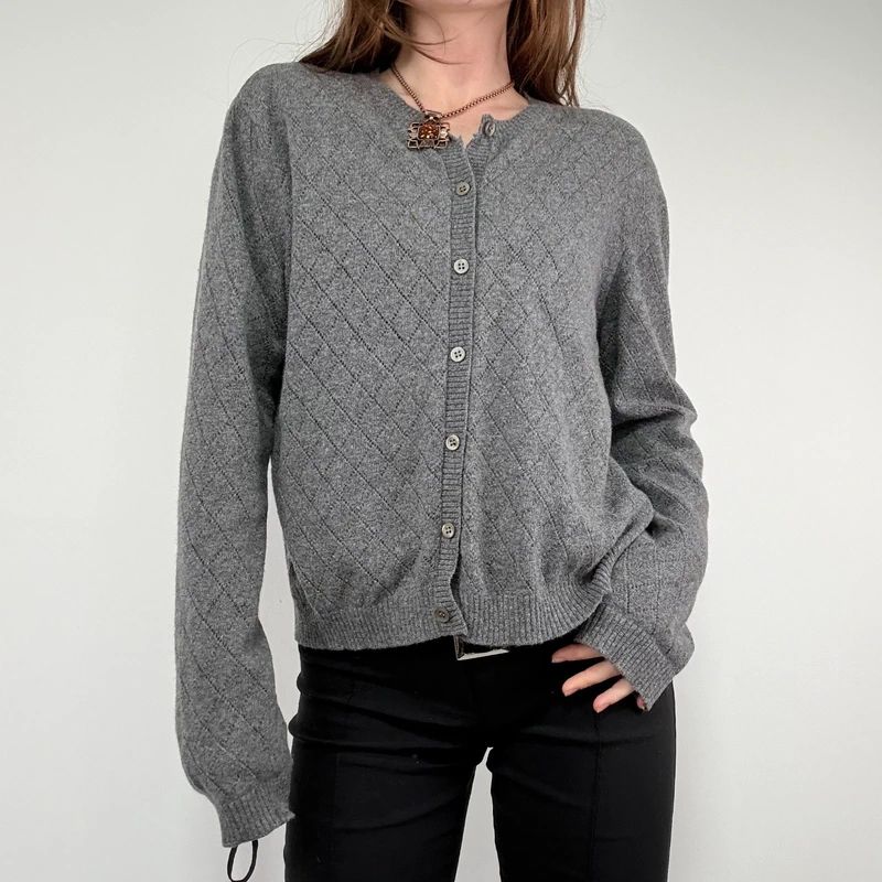 grey wool knitted pointelle cardigan