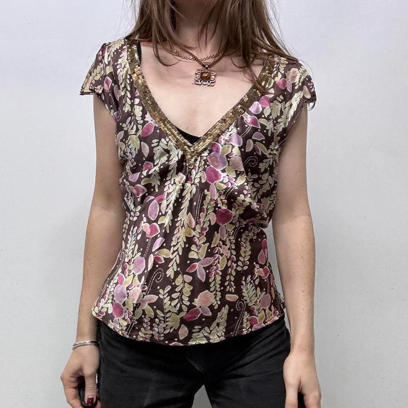 brown floral printed silk fairy top