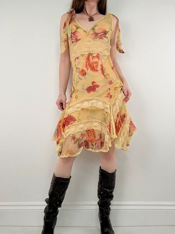 Butter yellow summer dress layered floral watercolour