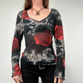 distressed floral rose print long sleeve mesh t-shirt