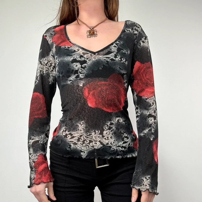 distressed floral rose print long sleeve mesh t-shirt