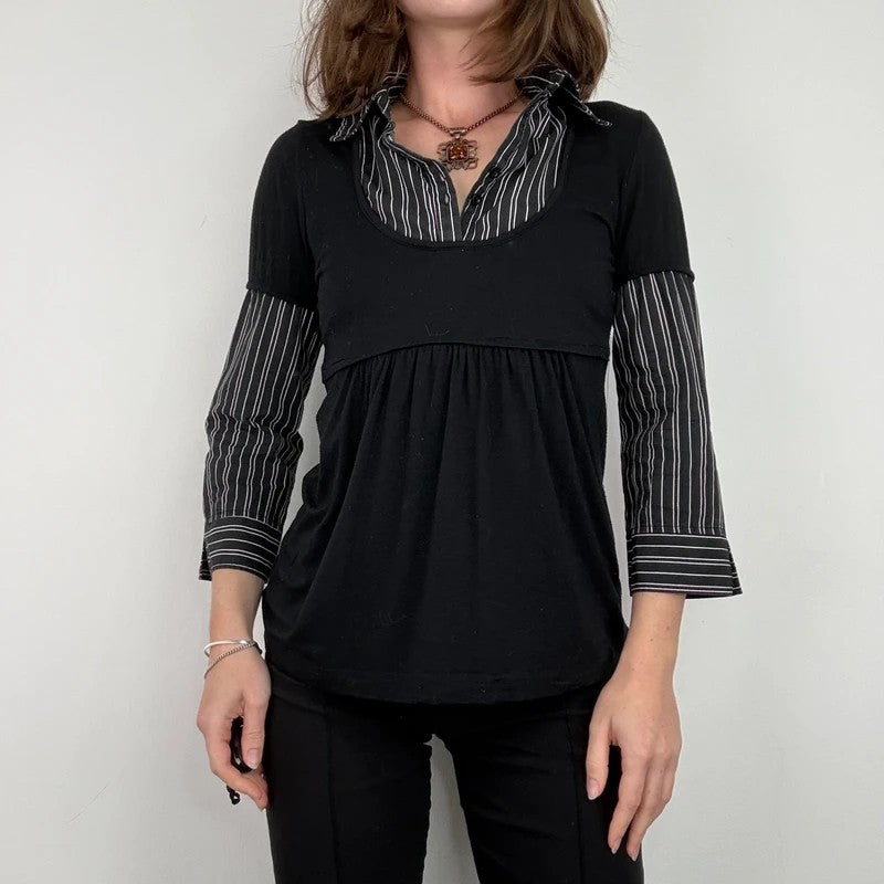black pinstripe layered flared shirt