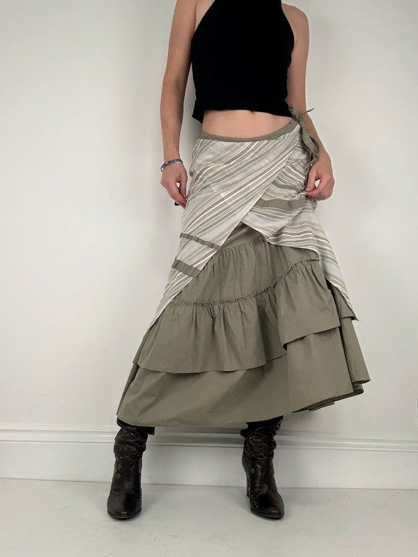 khaki layered pleated ruffle cotton maxi skirt