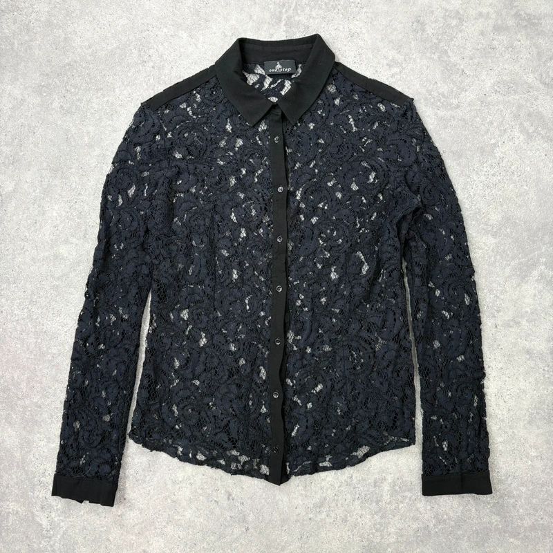 sheer navy lace fitted shirt