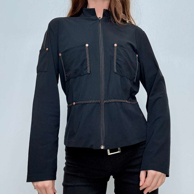black fitted flared zip shirt