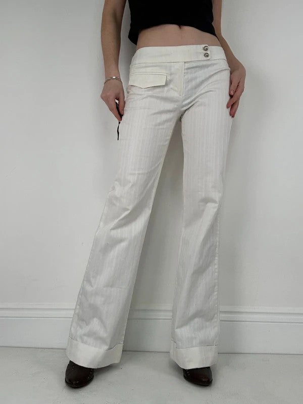 Lot rise white cotton pinstripe flared trousers