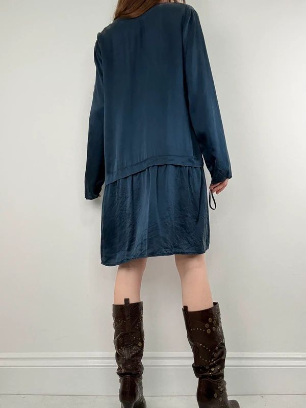 navy silk drop waist long sleeve shirt dress