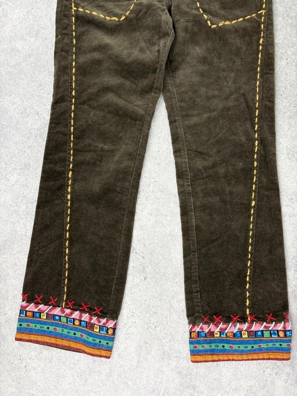 khaki corduroy embroidered hippy capri trousers