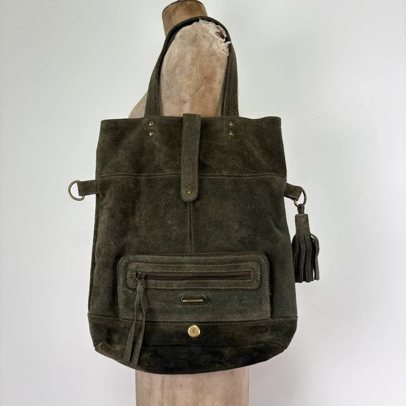 Khaki green suede leather tassel tote bag