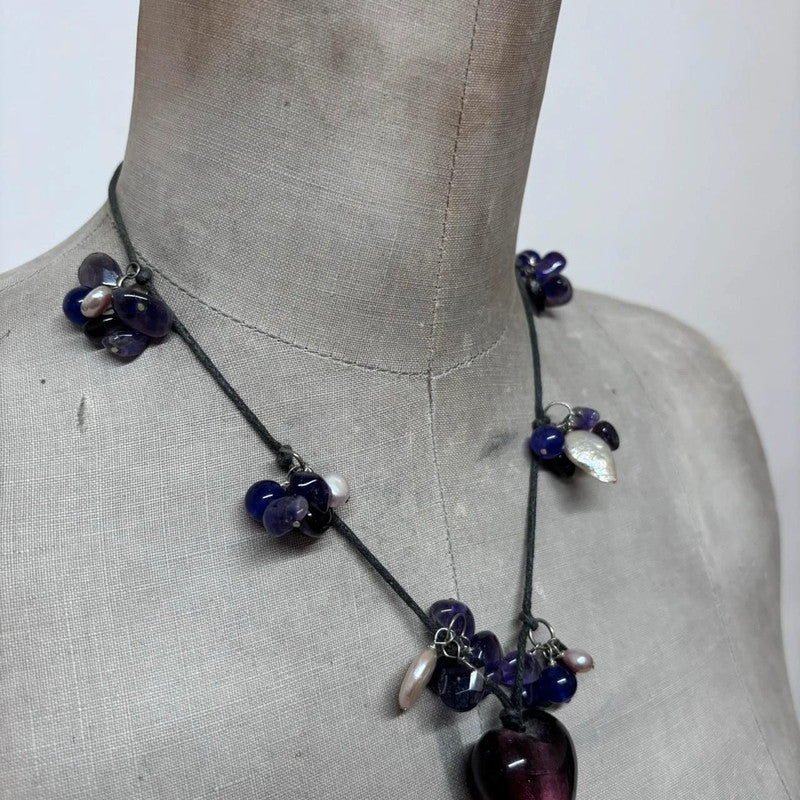 layered amethyst pearl charm necklace
