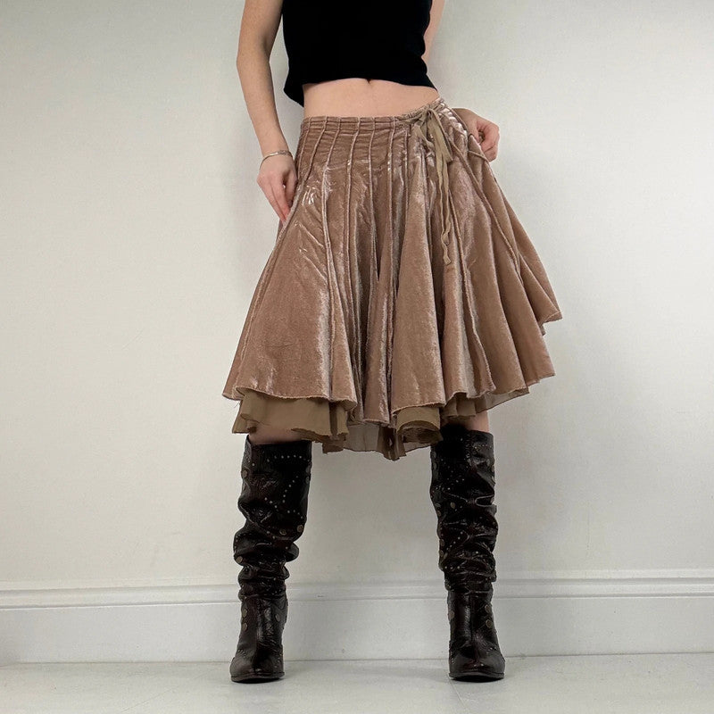Brown pleated flared layered midi skirt