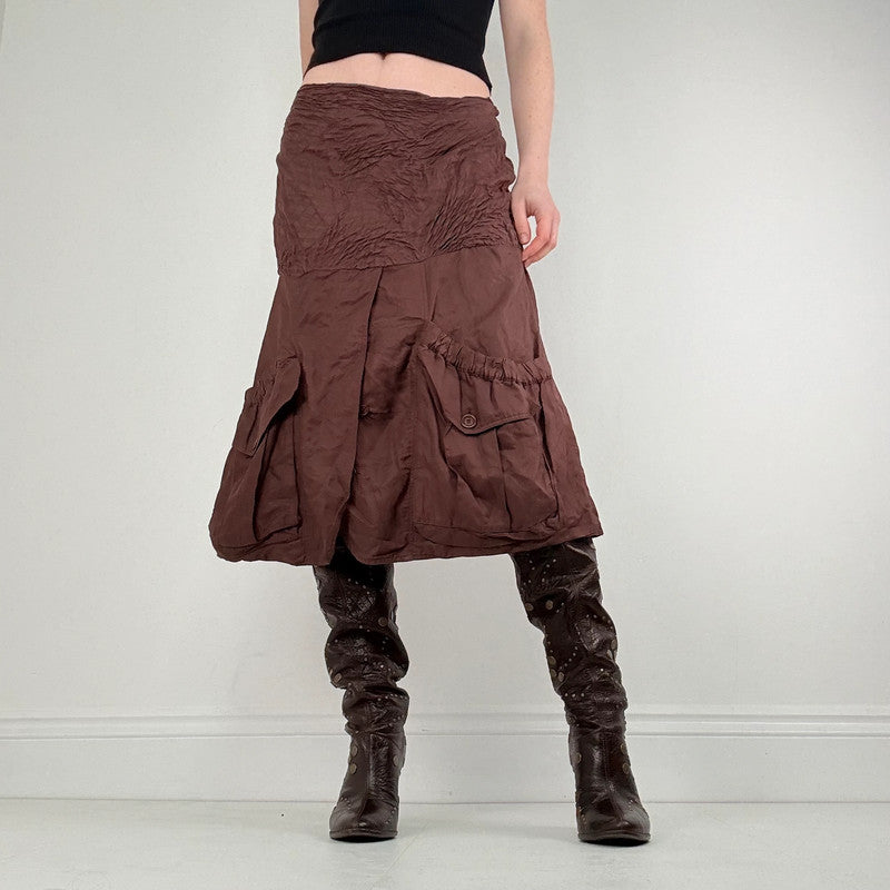 brown crinkle pleated puff skirt