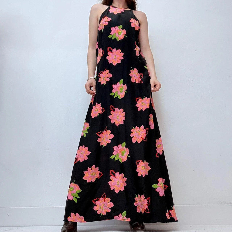 black floral bias cut maxi dress