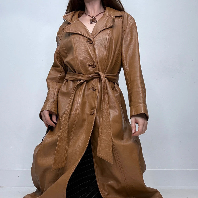 tan leather long trench coat