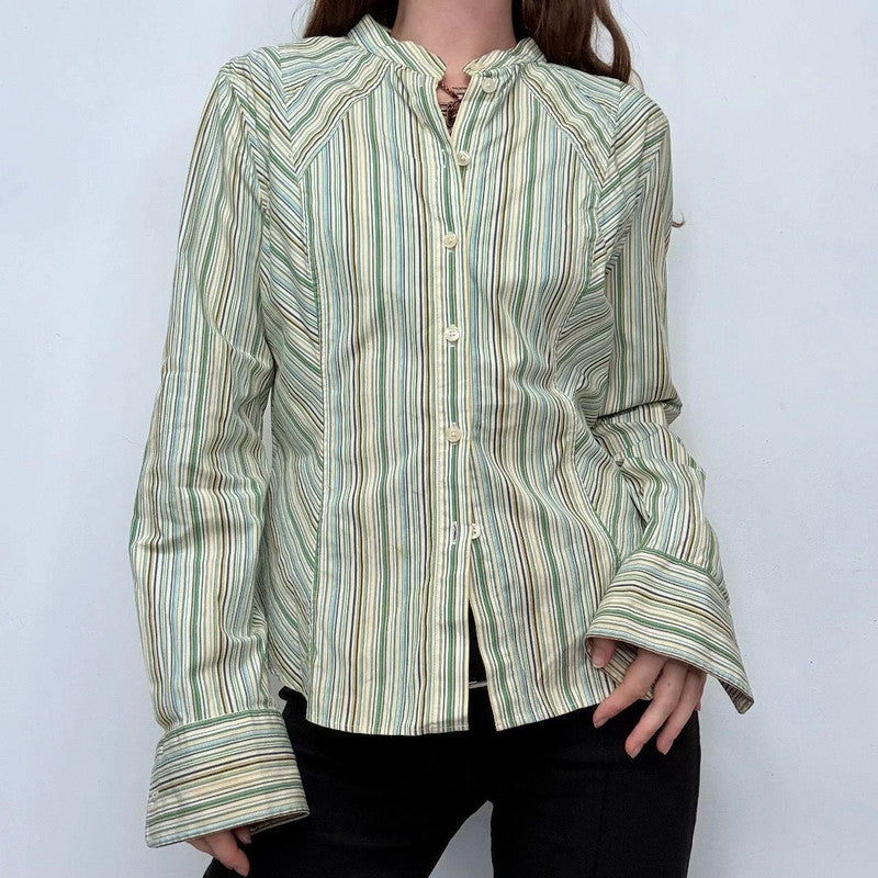 green pinstriped high neck button shirt