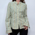 green pinstriped high neck button shirt