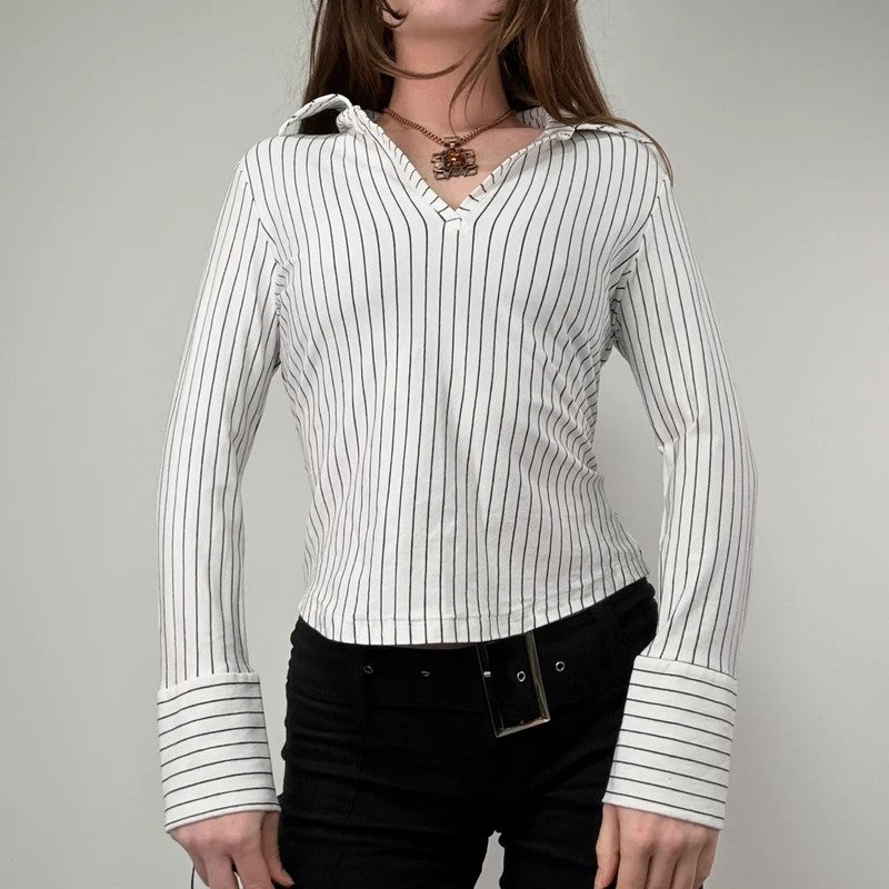 white pinstripe fitted flared shirt
