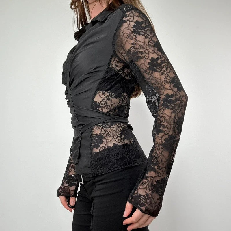 gathered lace wrap around shirt