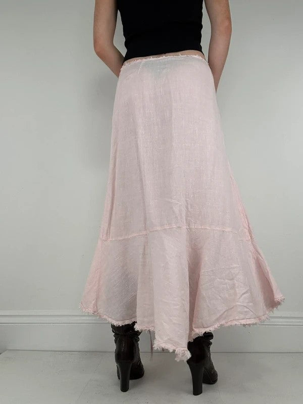 Pink linen flared asymmetric midi skirt