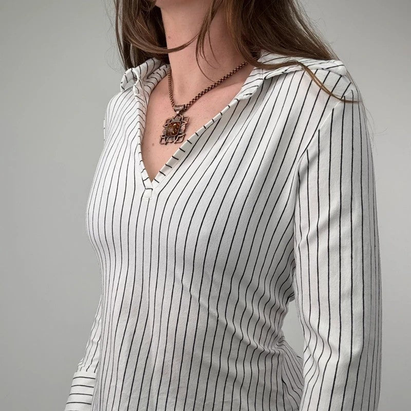 white pinstripe fitted flared shirt
