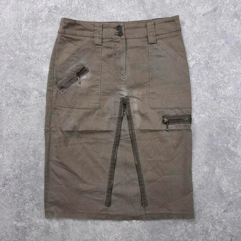 khaki cargo zipper midi skirt