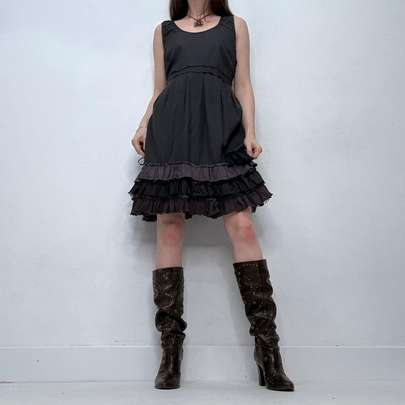 grunge ruffle flared puff midi dress