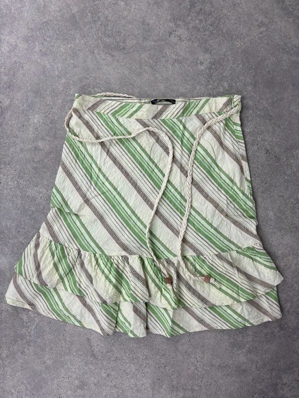 Pinstripe ruffle boho Y2K midi skirt