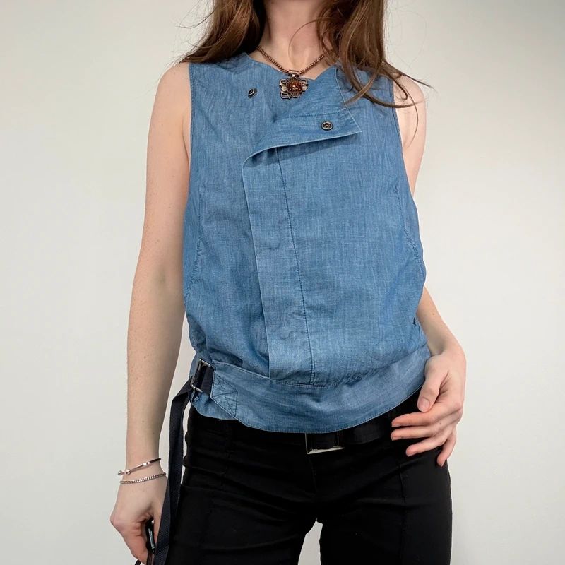 distressed denim asymmetric belted vest