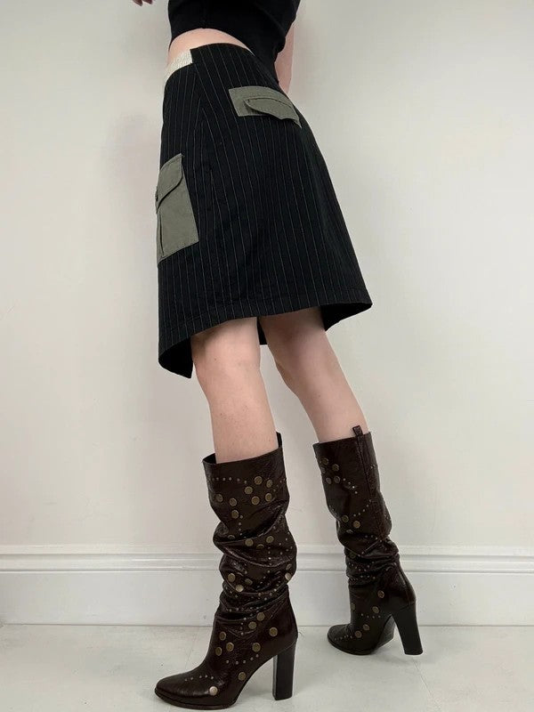 asymmetric deconstructed black pinstripe midi skirt
