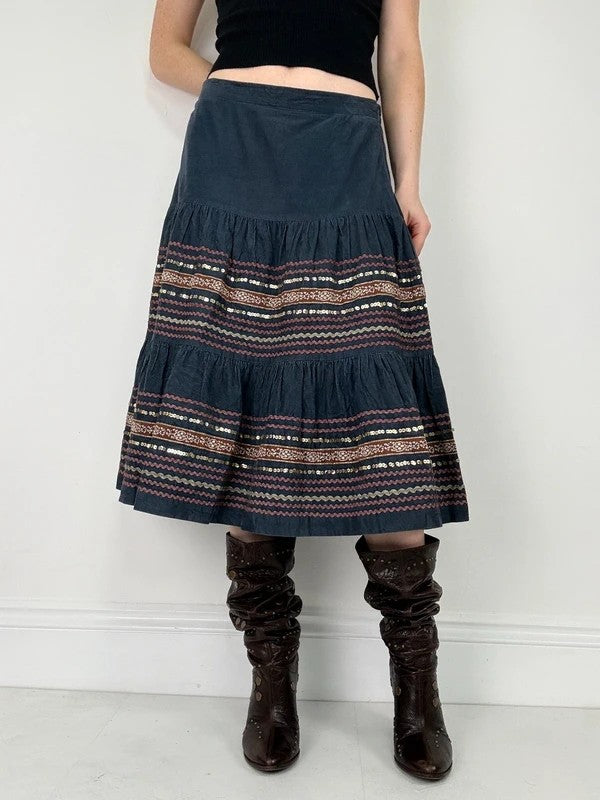 boho cord flared embroidered tiered sequin midi skirt