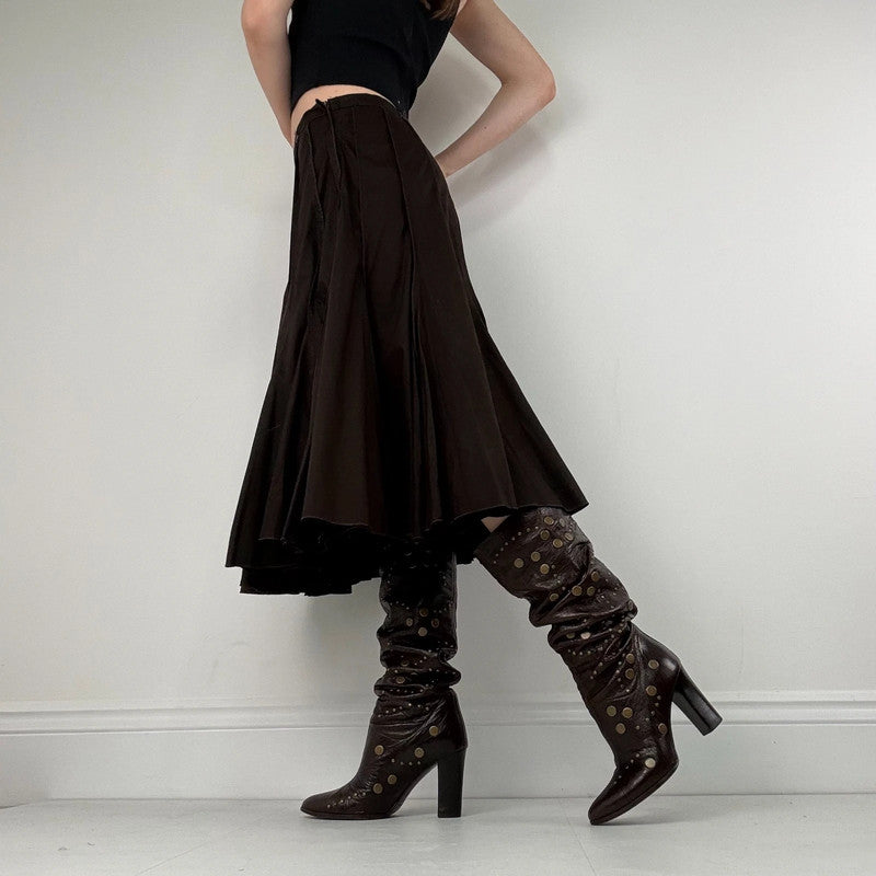 Brown pleated flared layered midi skirt